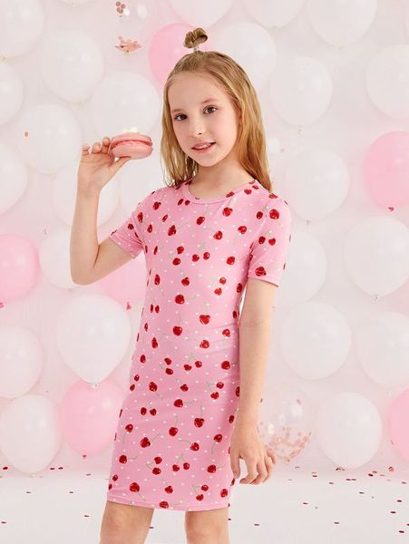 

girls cherry & heart print fitted dress she, Red;yellow