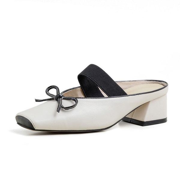 

ballet style square toe women mules slippers genuine leather high heels pumps spring summer wedding office lady shoes woman, Black