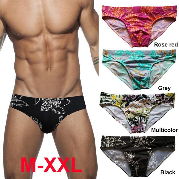 Swimms Shorts Trunks Floral Impressão Mens Swimsuit Bikini Sexy Swimwear para Homens Penis Push Up Swim Briefs Beach Bath com acolchoado