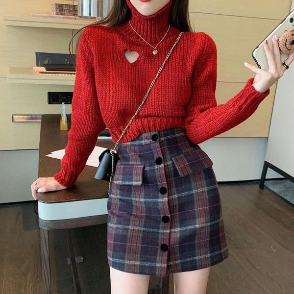 

turtleneck sweater women's high waist short christmas solid color loose outer wear lazy long-sleeved knitwear sweaters, White;black