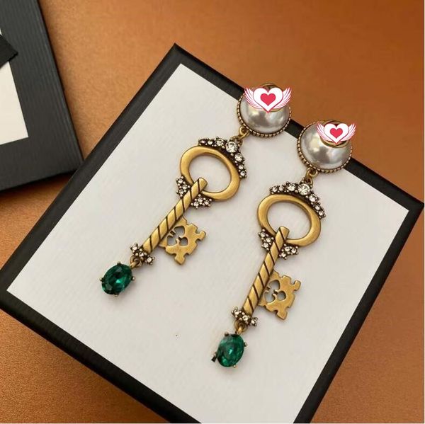 

2021 european and american style brass letters dangle & chandelier personality fashion key crystal diamond green retro water drop, Silver