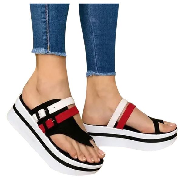 

wedges slippers women 2021 ring toe platform sandals summer shoes woman thick bottom slip on flip flops, Black