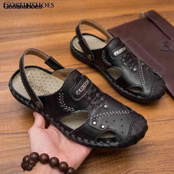 

sandals sandal cow leather for men fashion genuine closed toe anti slip footwear summer mene a1t4, Black