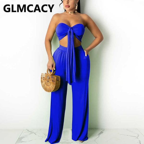 

two pieces sets women strapless bow knot & high waist wide leg pants 210702, White