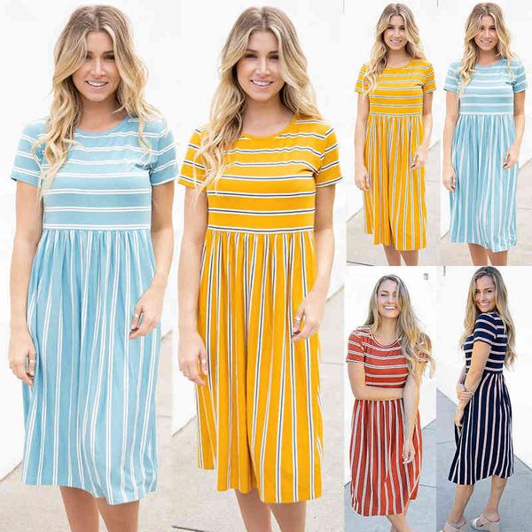 

casual dresses women's 2022 summer loose short sleeve striped a-line skirt, Black;gray