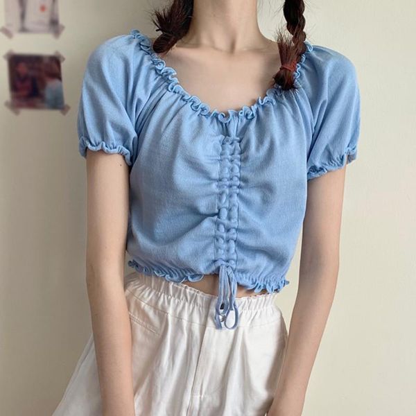 

women's t-shirt solid v neck summer sweet casual exposed navel knitted short sleeve puff shirts, White