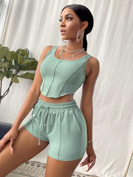 

sxy solid tank & drawstring waist shorts set i0zy#, White