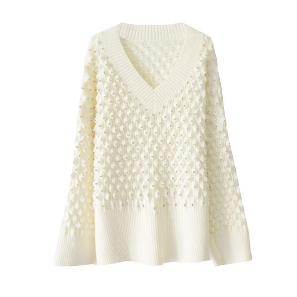 

1105 2020 autumn v neck regular long sleeve panelled sweater fashion black white beads sweater luxury red dl, White;black