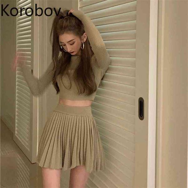 

korobov vintage solid high waist a-line skirts and crop knitted women clothing korean chic 2 pieces sets female outfits 210430, White