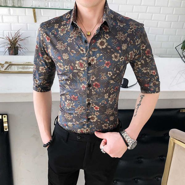 

fashion flower print men shirts casual slim fit half sleeve dress shirt summer streetwear night club party hawaii shirts 210527, White;black