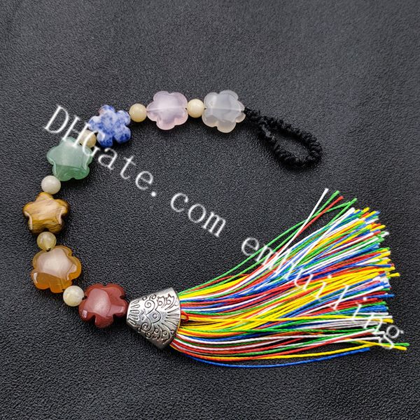 7 Chakra Crystal Flor Carro Retrovisor Espelho Pingente Pendurado Ar Ornamento Acessórios Handmade Natural Quartz Gemstones Ágate Beads W / Arco-íris Borlas Janela Encantos