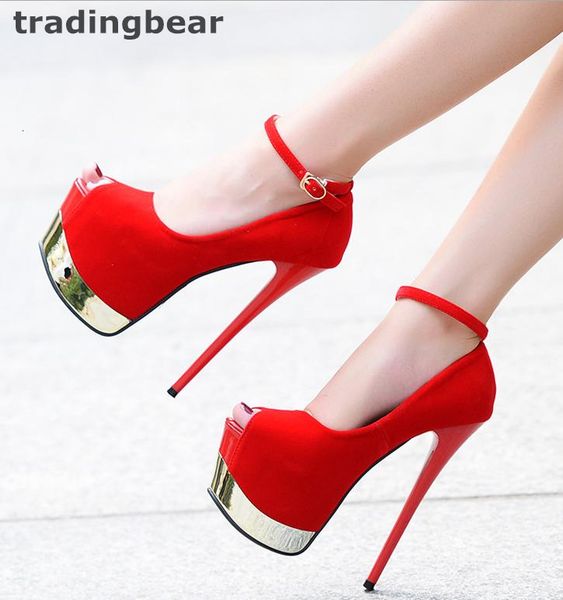 

dress 16cm red bottom ultra high heels synthetic suede ankle strap super platform pumps prom night club shoes size 34 to 39, Black