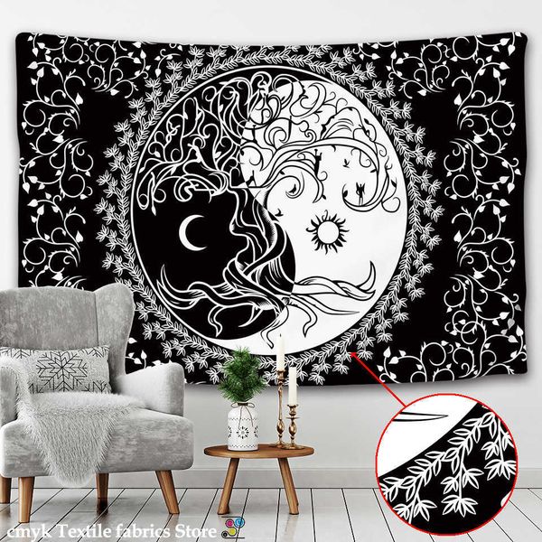 Sun Moon Tapestry Black White Starry Sky Wall Hanging Astrologia Divinazione Matwitchcraft Hippie Mandalas Psychedelic Taiji Decor 210609