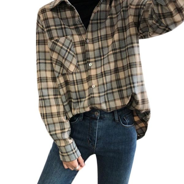 

women's blouses & shirts fashion women blouse chic oversized plaid 2021 long sleeve casual print simple stylish cotton blusas female, White