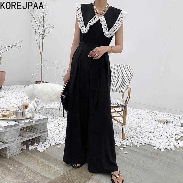 

korejpaa women jumpsuits summer korean chic ladies french elegant lace stitching lapel tie waist sleeveless jumpsuit 210526, Black;white