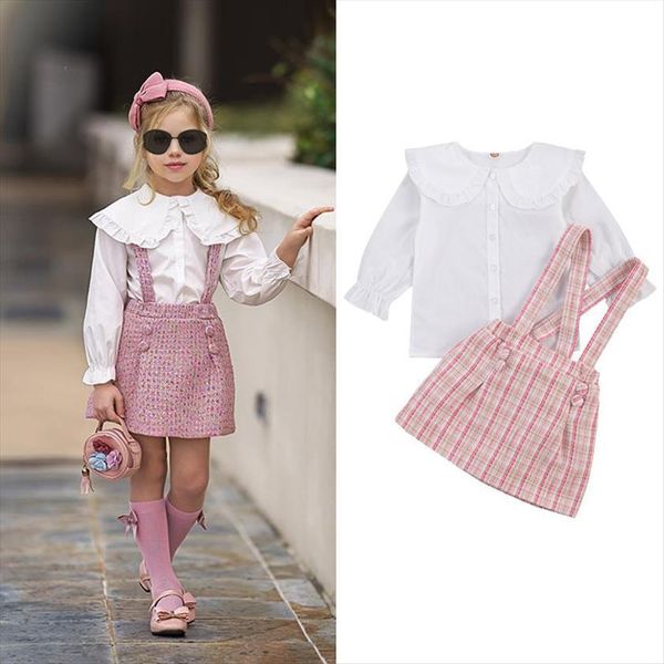 

fashion princess kids baby girls clothes sets 2pcs peter pan collar single breasted plaid print bib strap dress, White