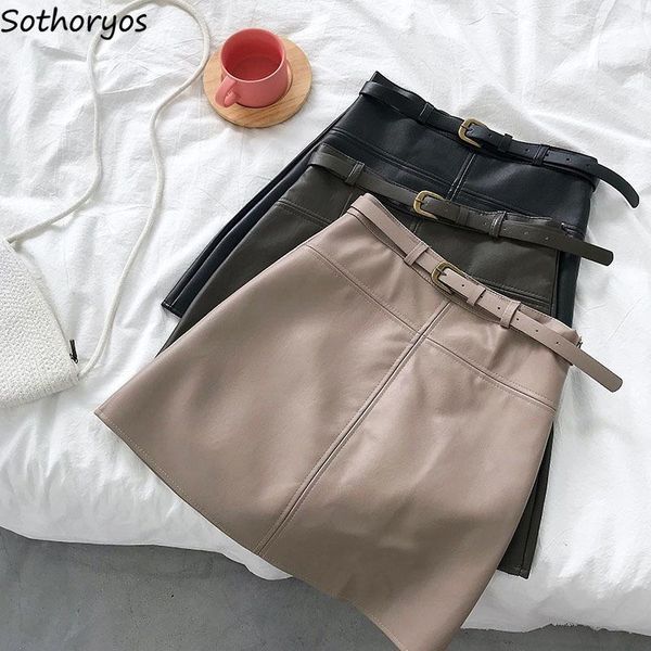 

skirts women solid high-waist simple elegant all-match pu leather womens soft ladies korean style autumn 2021 chic, Black