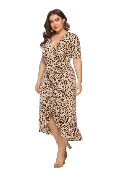 

plus size dresses women's summer dress leopard print 4xl 5xl vestido 2021 midi irregular ruffle slim party large women clothing, Black