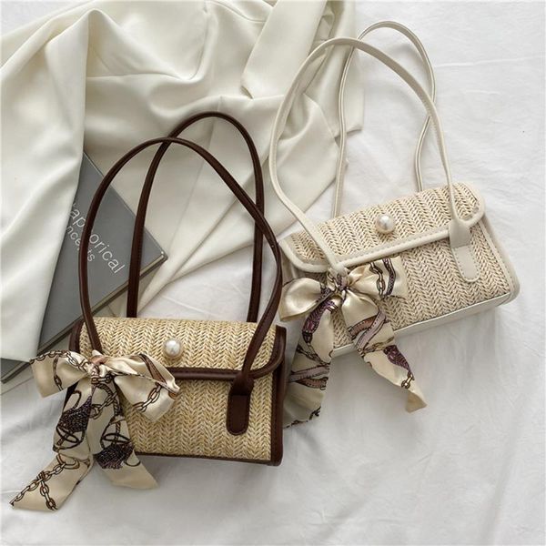 

evening bags women's bag straw woven silk scarf shoulder underarm shopper casual summer beach vacation ladies pearl handle handbags