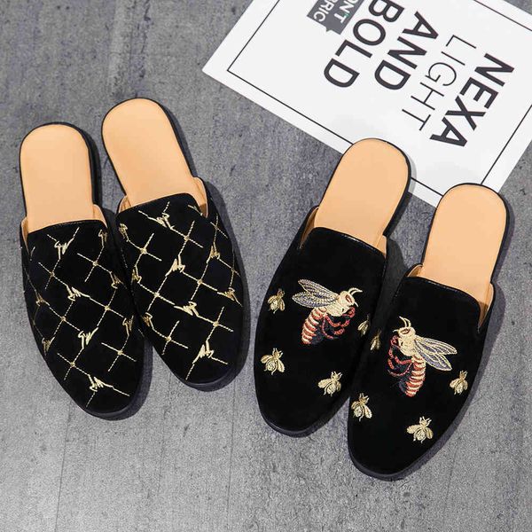 

dress shoes bee embroidery summer mules lightweight half for men breathable slip-on slippers diamond design loafers outdoor flats, Black