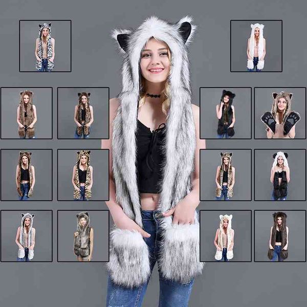 

imitation fur hat animal hat scarf glove integrated cartoon, Black