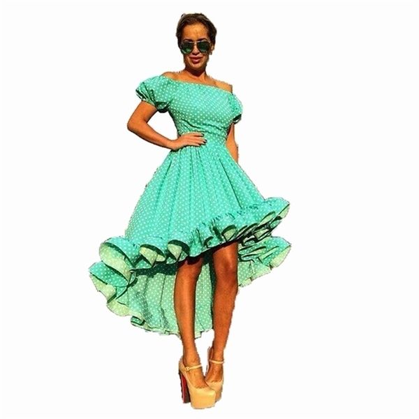AUSGEZEICHNETE QUALITÄT Russland Designer Kleid Damen Slash Neck Dot Print Baumwolle Rüschen Schwalbenschwanz Ballkleid 210521