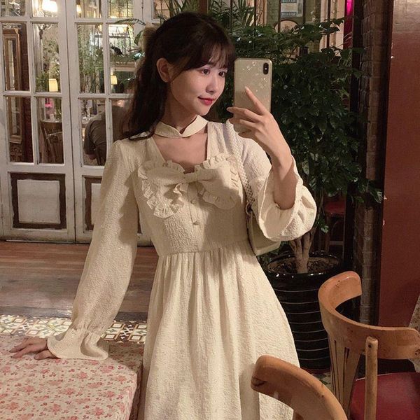 

casual dresses kawaii ruffled bow long sleeve dress women 2021 autumn japanese cute freshing fashion preppy style a-line trend, Black;gray