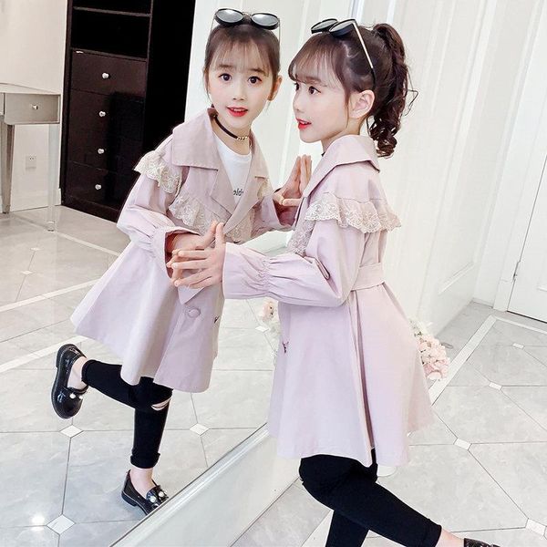 

coat 2021 spring fall arrival korean style cotton pure color lace double breasted jacket windbreak coats for fashion baby girls, Blue;gray