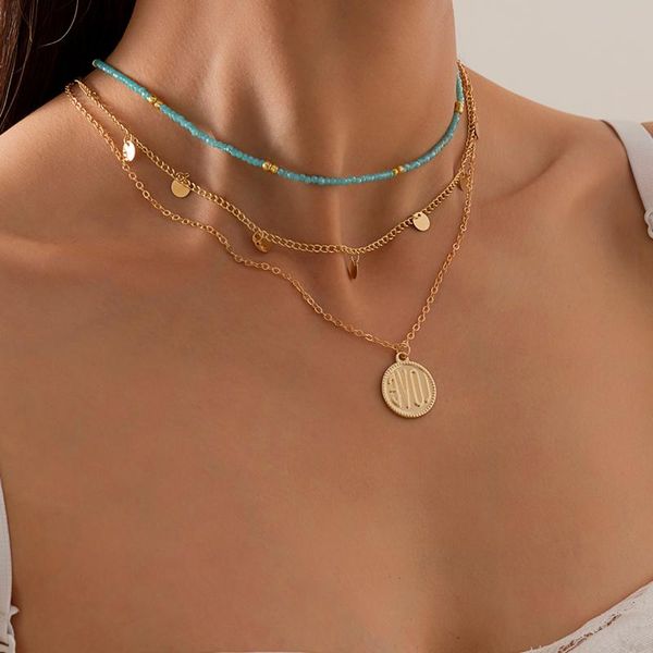 

pendant necklaces shixin layered blue crystal bead choker for women fashion gold color sequins love coin pendants 2021 jewelry, Silver
