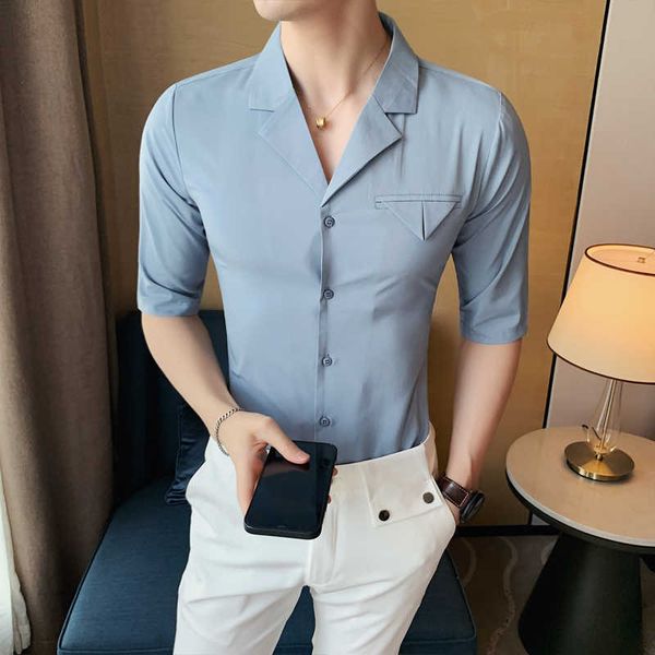 

korean style v-neck men's shirt summer short sleeve slim fit streetwear shirts male business dress social party blouse 210527, White;black