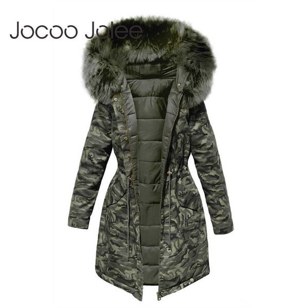 Jocoo Jolee Giacca invernale donna con cappuccio Parkas Camouflage cappotto donna allentati parka pelliccia colletto cotone imbottito giacche moda 210619