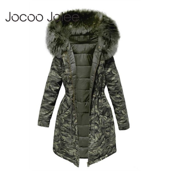 Jocoo Jolee Женщины Зимняя Куртка с капюшоном Parkas Камуфляж Пальто Женщины Свободные Парки Меховые Воротник Хлопок Мягкие Куртки Мода 210619