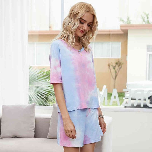 

women casual tie-dye 2 pieces set elastic waist short pants pullover o neck t-shirt loose sleepwear homedress 210412, White