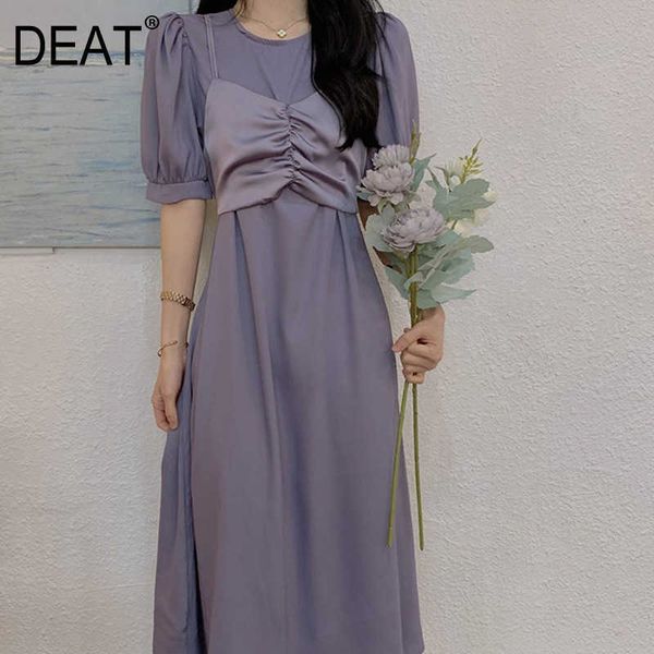 

[deat] summer fashion loose solid color short sleeve knee-length round neck fake two elegant dress women 13q160 210527, Black;gray