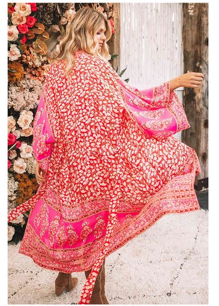 

women's cape oversized chiffon cover up swimwear print floral long cardigan beach kimono bohemian red big sizes cover-up holiday r, Black