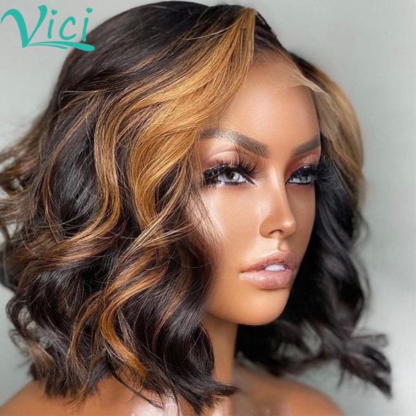 

lace wigs 4x4 closure 1b/30 ombre blonde highlight body wave short bob wig front for black women pre plucked 180%, Black;brown