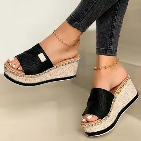 

platform wedges slippers women sandals 2021 female shoes fashion heeled casual summer slides, Black