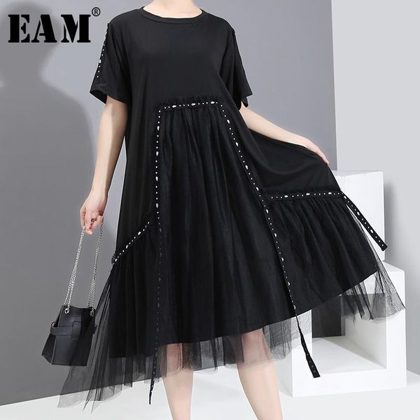 

party dresses [eam] women black nailed mesh big size dress round neck short sleeve loose fit fashion tide spring summer 2021 1s762, White;black