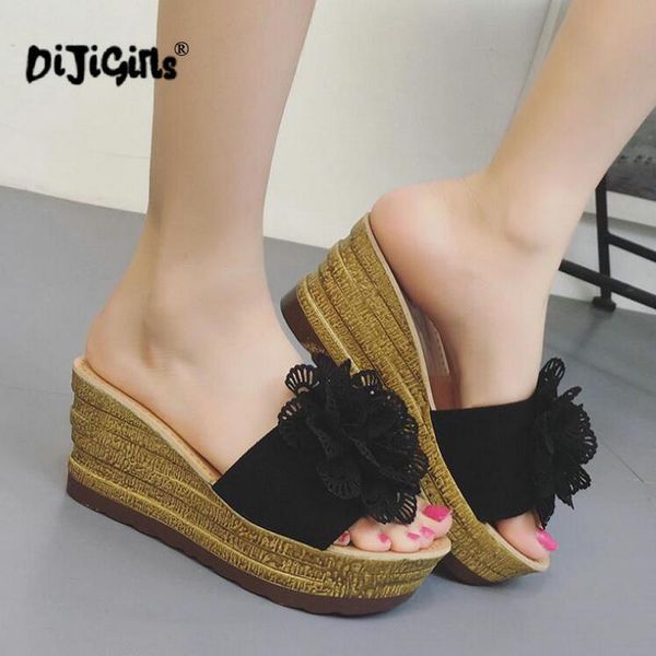 

summer floral platform waterproof women sandals wedge slippers shoes drop, Black