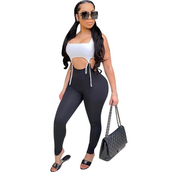 

women's jumpsuits & rompers 2021 women white tee bandage patchwork long pants jumpsuit bodysuit black club overalls, Black;white