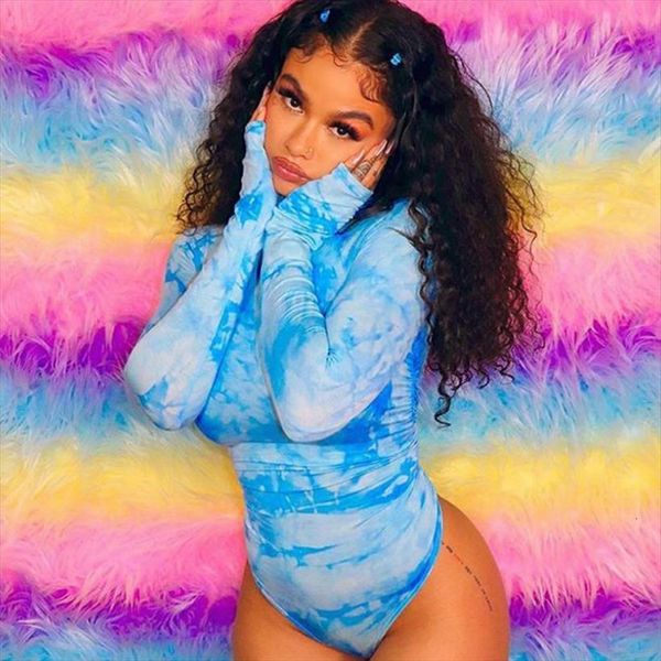 

tie dye print women romper bodysuits bodycon long sleeve turtleneck bodysuit jumpsuits autumn female club wear, Black;white