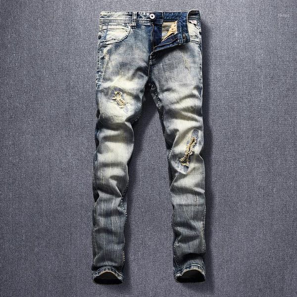 

men's jeans italian style fashion men elastic slim fit ripped denim pants stretch retro vintage designer long trousers1, Blue