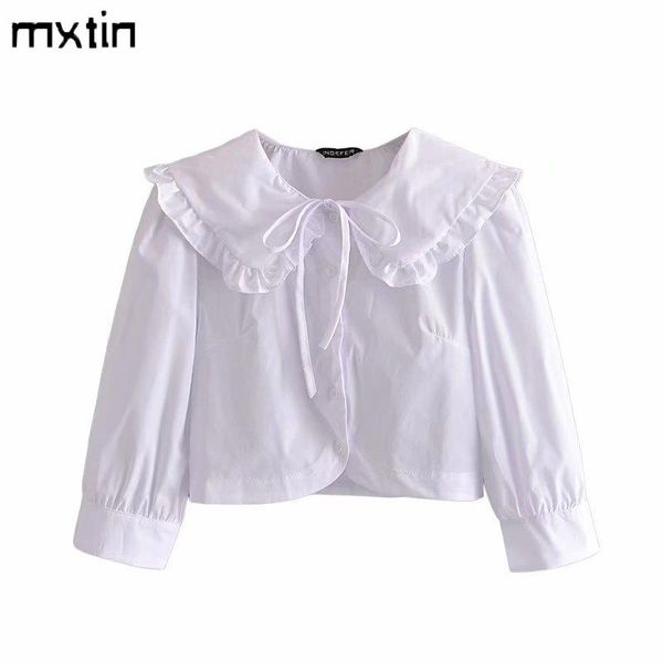 

women's blouses & shirts mxtin 2021 women summer vintage solid bow tie cropped fashion lapel collar long sleeve female casual, White