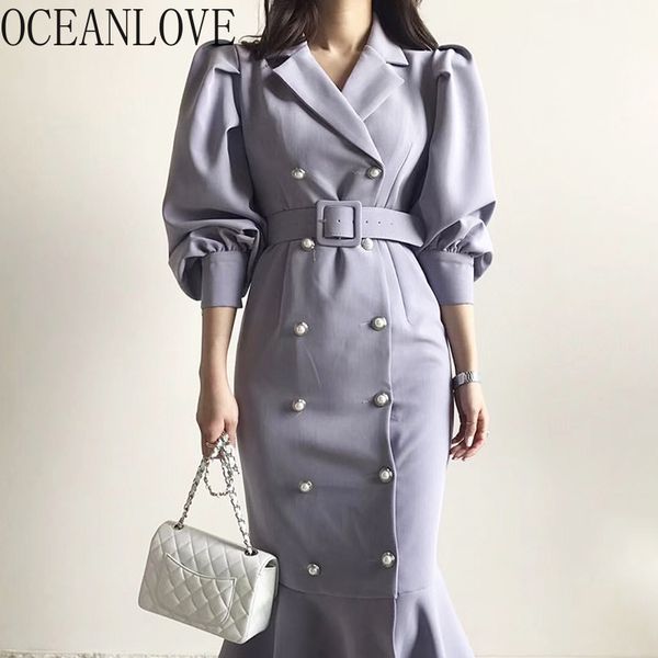 

autumn office lady vestidos puff sleeve solid double breasted elegant long dresses mermaid vintage women dress 18727 210415, Black;gray