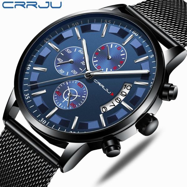 

wristwatches crrju 2021 men's casual sports slim watch chronograph date full steel mesh blue dial relojes hombr, Slivery;brown