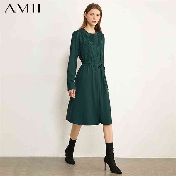

minimalism autumn vintage women dress oneck spliced lace high waist causal calf-length female 1281 210527, Black;gray