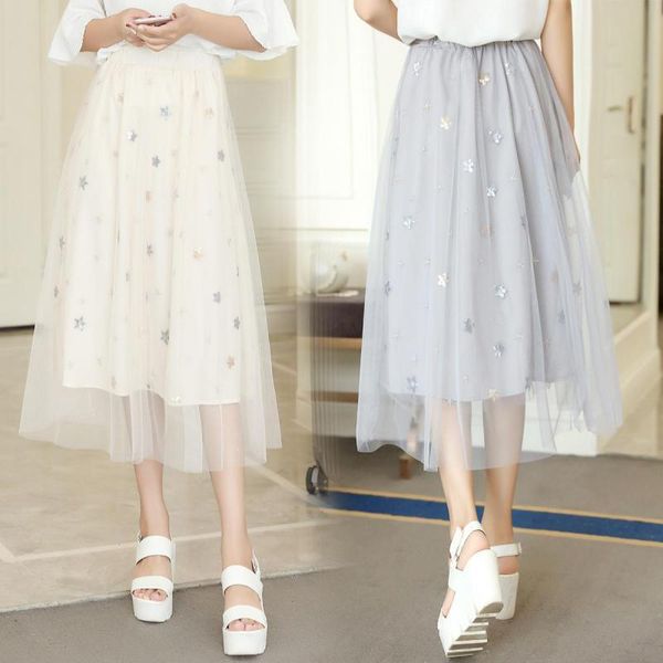 

skirts ailegogo spring women stars midi mesh skirt korean style sweet patchwork high waist medium long lady beige, Black