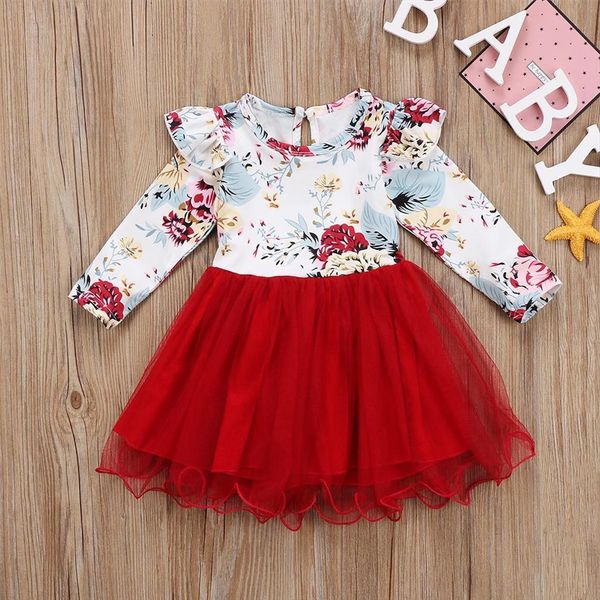 

fashion toddler baby girl dress clothes flower print long sleeve tutu tulle outfit sundress, Red;yellow
