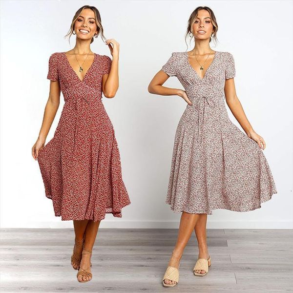 

plus size midi boho floral women dresses print elegant party summer v neck casual beach for ladies vintage vestidos, Black;gray