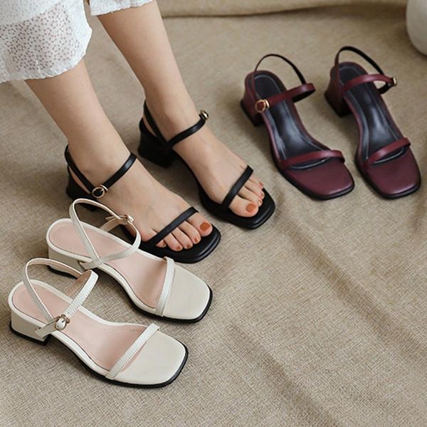 

dress shoes 100% genuine leather rome women sandals brand square toe 5cm high heels buckle party office lady basic, Black